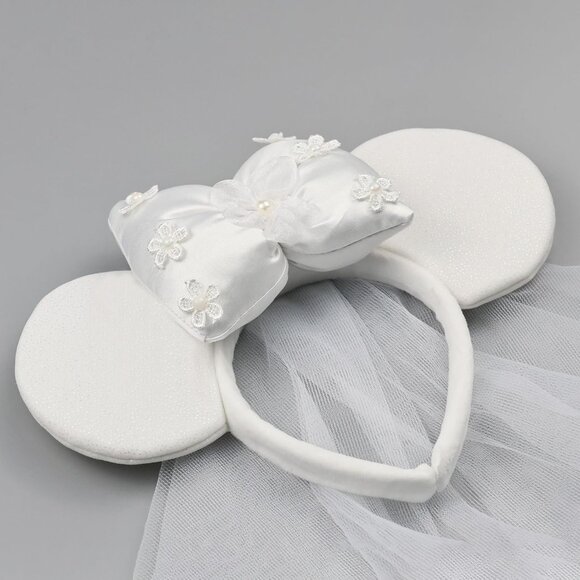 Bridal Veil Headband Mouse Ear Bow Flowers Wedding Bachelorette Jewelry - Picture 2 of 7